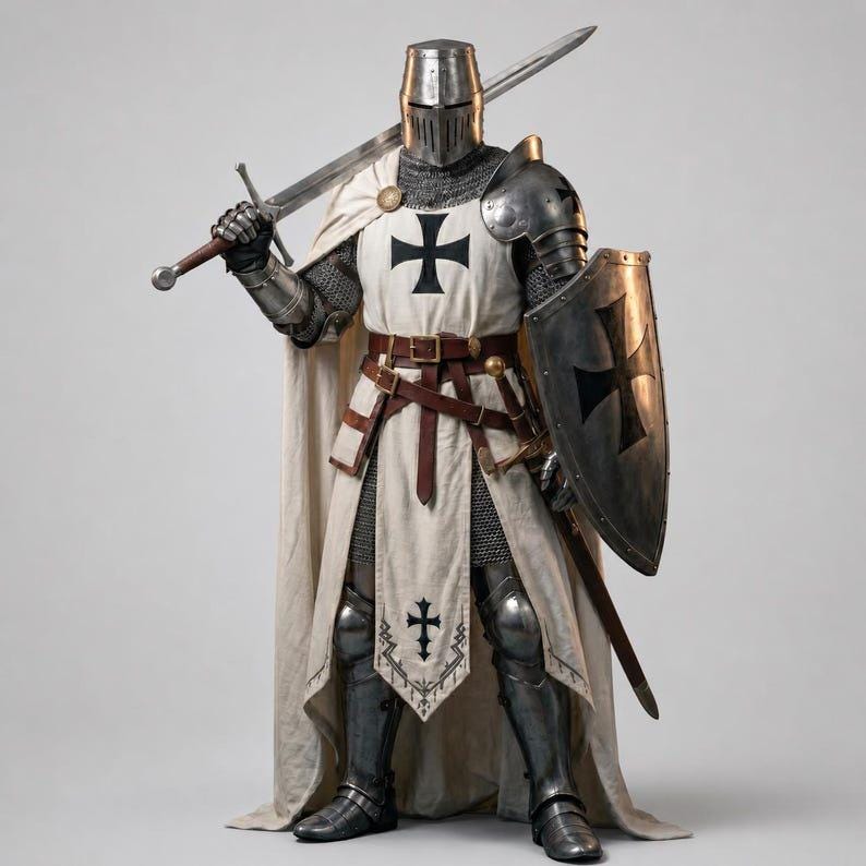 Handcrafted Knight Templar steel armor with shield for medieval display and historical collections