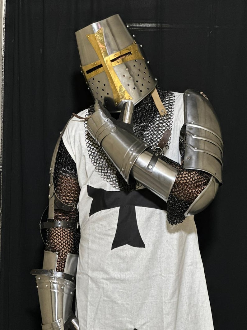 Knights Templar Full Body Armor Set featuring handcrafted medieval crusader steel armor with Great Helm helmet