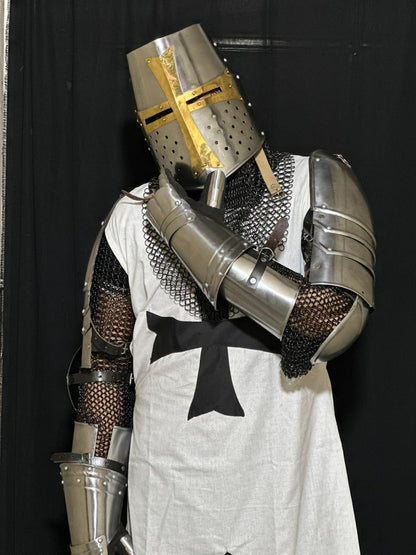 Knights Templar Full Body Armor Set featuring handcrafted medieval crusader steel armor with Great Helm helmet