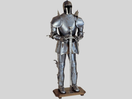 Full-size Knights Templar suit of armour with steel sword and display stand

