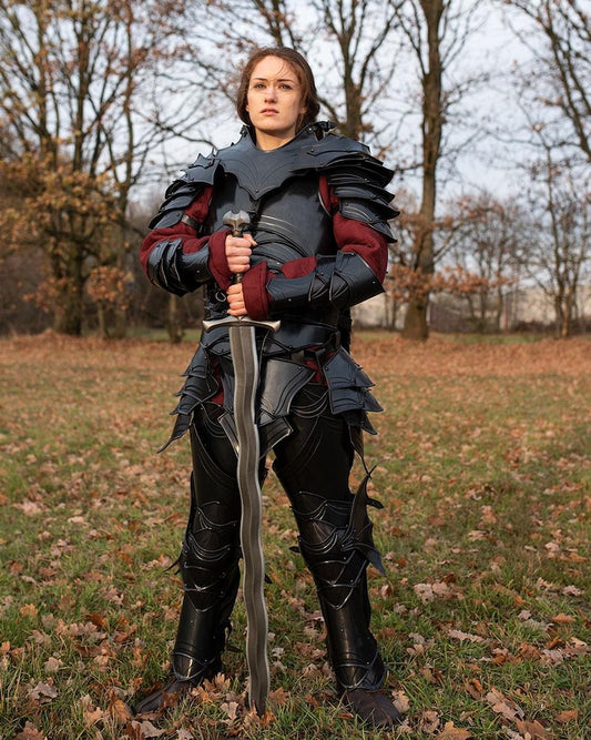 Front view of Lady Dragomir blackened steel full body female armor