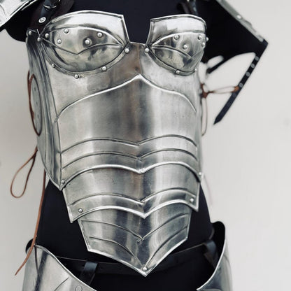 Back view of Lady Elf Warrior Armor Suit featuring tassets, greaves, and adjustable leather belts