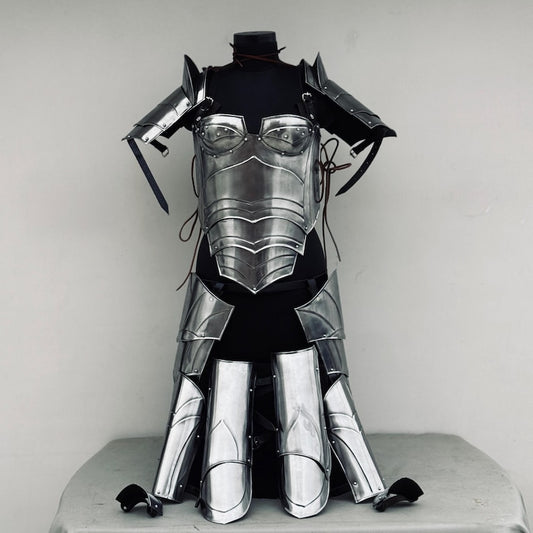 Front view of Lady Elf Warrior Steel Medieval Armor Suit showing full body female armor design