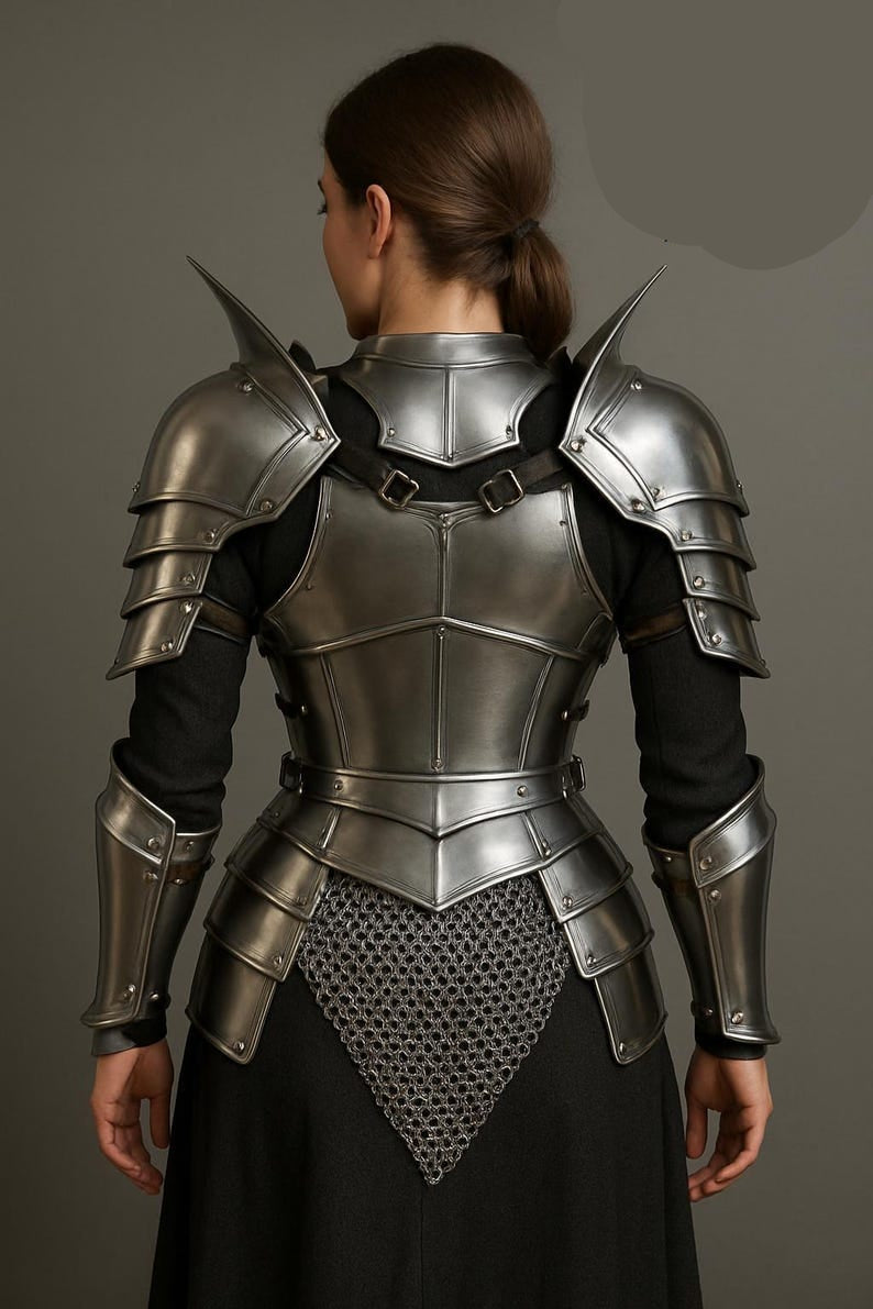 Lady Knight Polished Steel Armor Set featuring shoulder plates and gorget for Halloween, LARP, and fantasy cosplay
