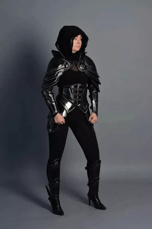 Main view of Lady LARP Hunter blackened steel half body armor suit handcrafted from 18-gauge steel with leather straps by Artisans Hub.

