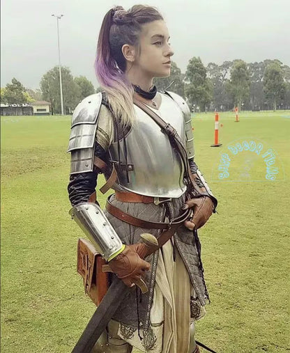 Back view of the women’s medieval armor featuring leather straps and handcrafted steel plating for full mobility.

