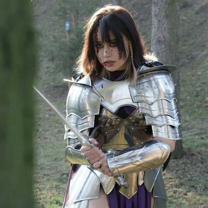 Full front view of handcrafted lady medieval armor suit made from steel and leather, wearable for LARP and cosplay.