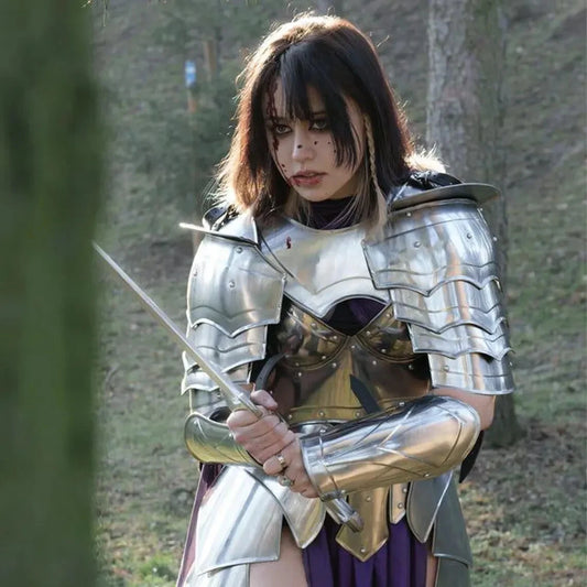Full front view of handcrafted lady medieval armor suit made from steel and leather, wearable for LARP and cosplay.
