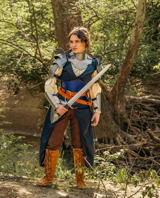 Front view of the Lady of Steel female knight armor set with steel pauldrons, gorget, and vambraces, ideal for cosplay or fantasy roleplay.

