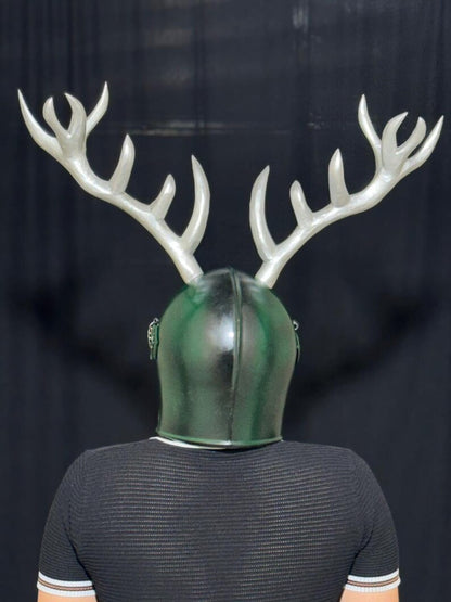LARP cosplay Barbuta helmet with antlers designed for fantasy warriors and medieval reenactors