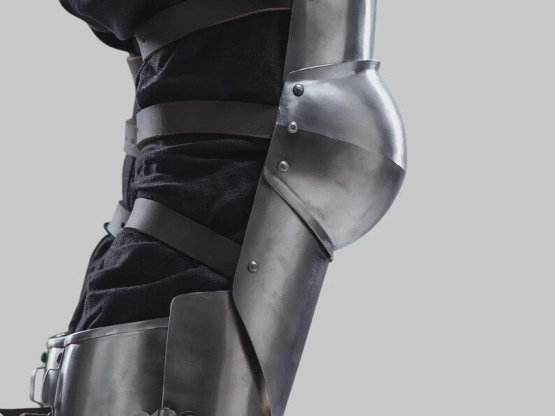 LARP cosplay medieval leg armor greaves made from 18 gauge steel perfect for knight costume and Renaissance festival use