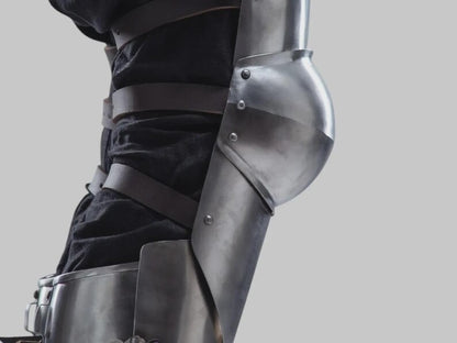 LARP cosplay medieval leg armor greaves made from 18 gauge steel perfect for knight costume and Renaissance festival use
