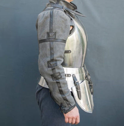 Rear view of LARP costume featuring steel cuirass and tassets armor set