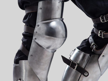 Handmade LARP knight steel leg greaves with rolled edges for safety