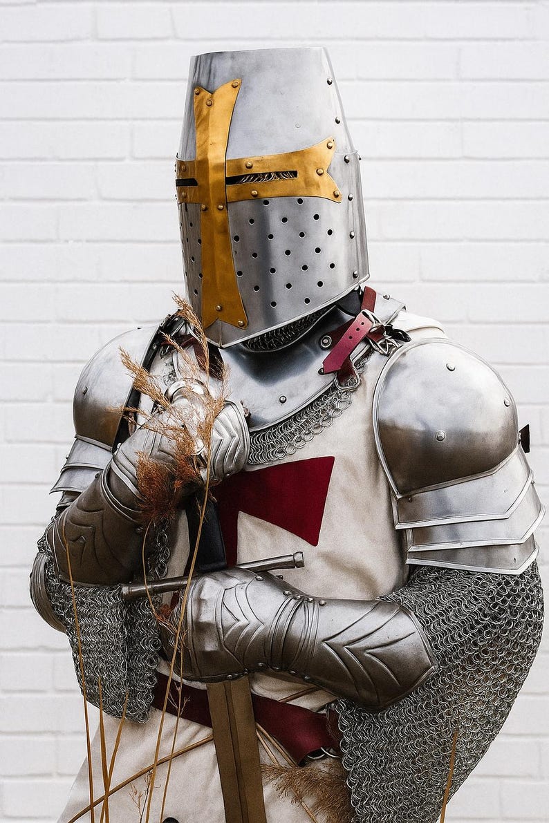 Templar cosplay armor suit worn for LARP and medieval reenactments