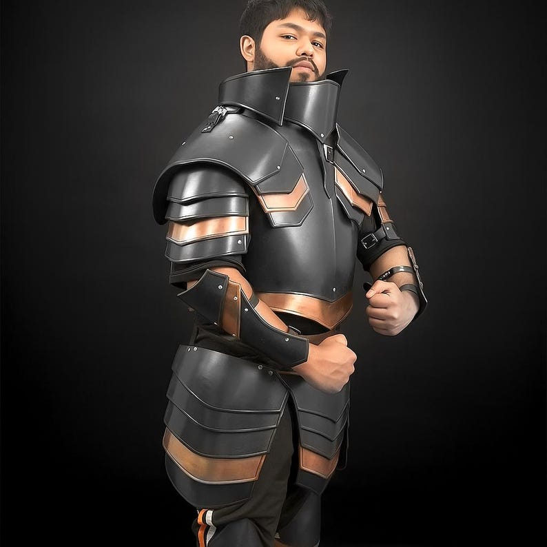 Complete Templar Knight Armor Set displayed as full LARP battle gear with steel components