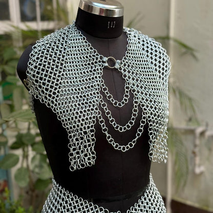 Legendary Valkyrie Chainmail Set full view showing epic silver armor top and draped waist chains for festival and cosplay