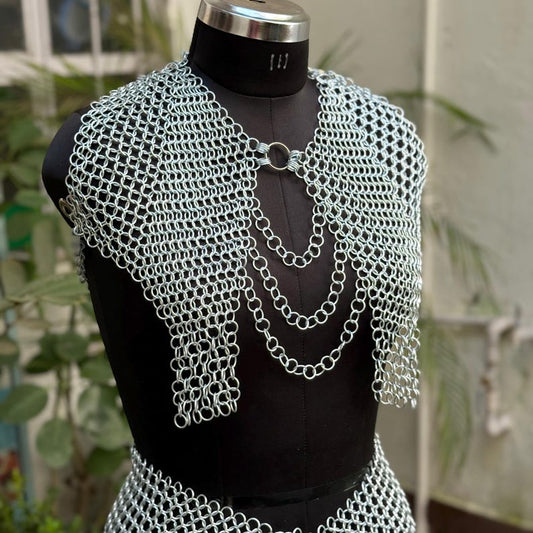 Legendary Valkyrie Chainmail Set full view showing epic silver armor top and draped waist chains for festival and cosplay