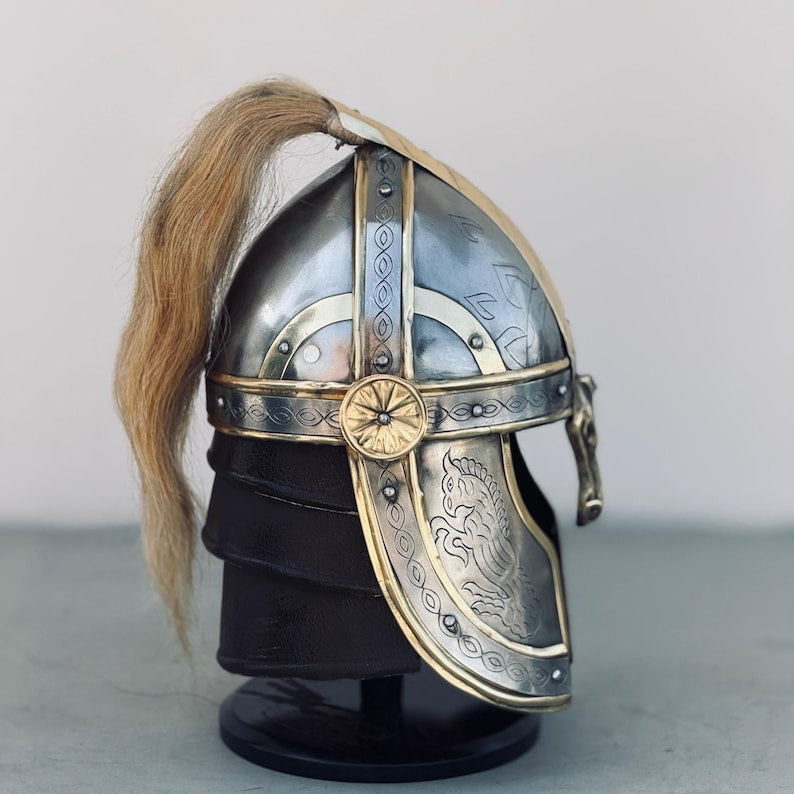Side profile of LOTR Eomer's horse rider knight helmet for cosplay and reenactment