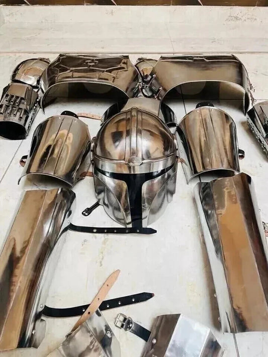 Front view of Mandalorian full body armor costume with helmet and chest plate