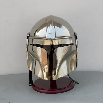 Front view of The Mandalorian Helmet Boba Fett prop – handmade steel Star Wars cosplay helmet