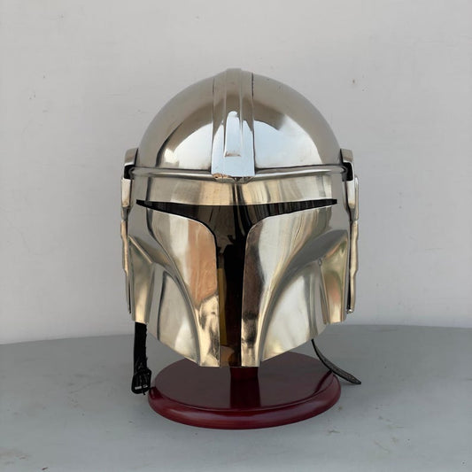 Front view of The Mandalorian Helmet Boba Fett prop – handmade steel Star Wars cosplay helmet