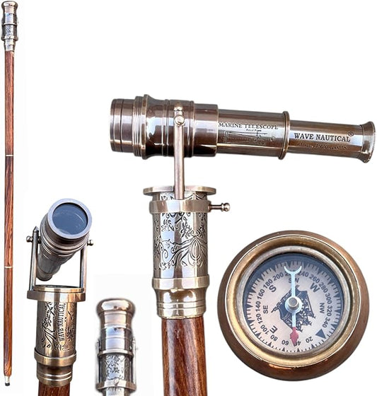 Marine telescope walking stick featuring Victorian brass compass and spyglass handle