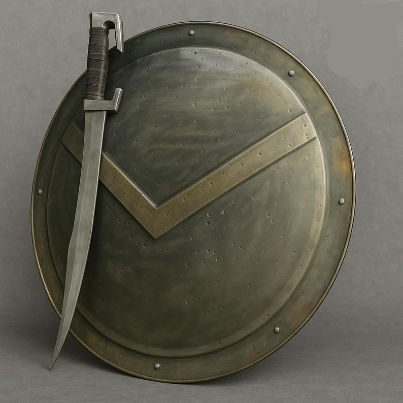 Medieval 300 Spartan Shield with Sword front view showing handcrafted metal shield