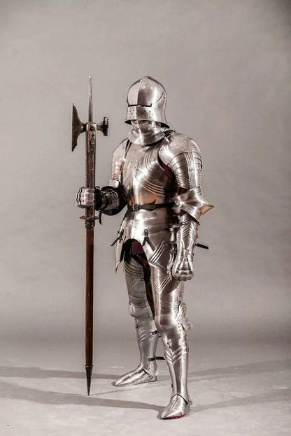 Rear view of the knight suit of armor showing adjustable leather straps and back plating.