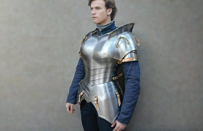 Medieval Armor Female full suit front view showing steel cuirass and pauldrons