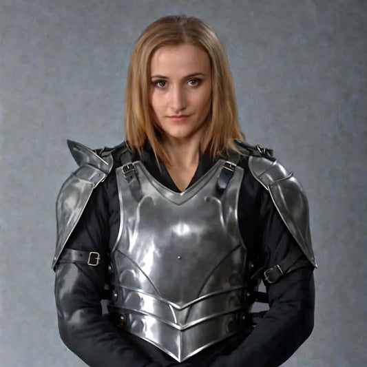 Medieval Armor Lady full suit front view showing steel cuirass and pauldrons