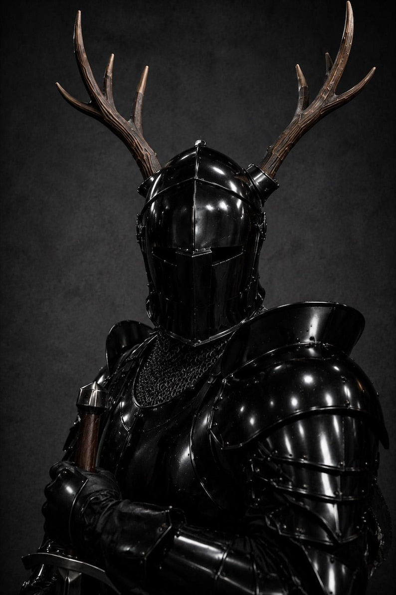Barbuta Antler Steel Helmet close-up detail for Crusader medieval cosplay and reenactment