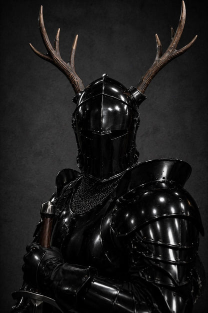 Barbuta Antler Steel Helmet close-up detail for Crusader medieval cosplay and reenactment