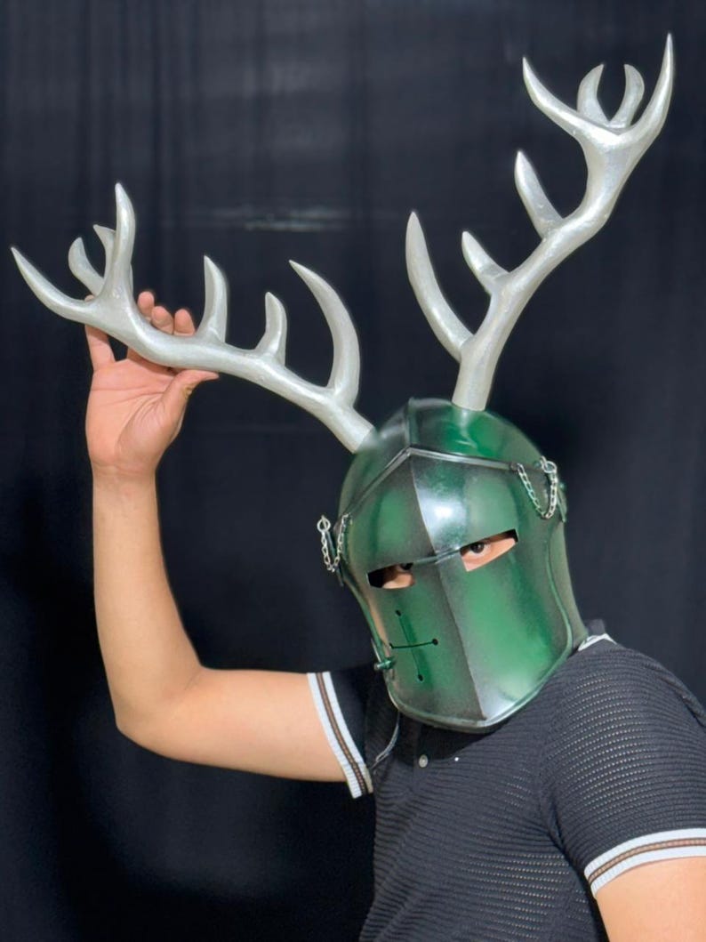 Medieval Barbuta Helmet with decorative antler design for LARP, cosplay, and reenactment events