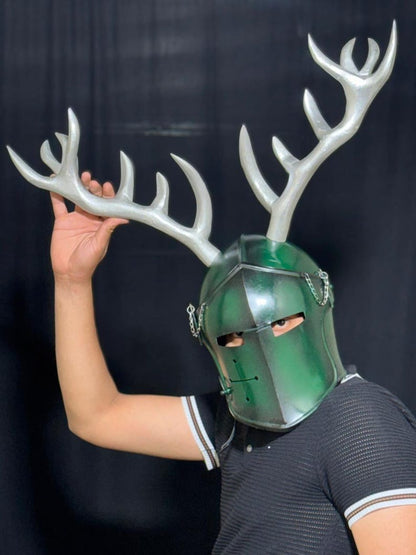 Medieval Barbuta Helmet with decorative antler design for LARP, cosplay, and reenactment events
