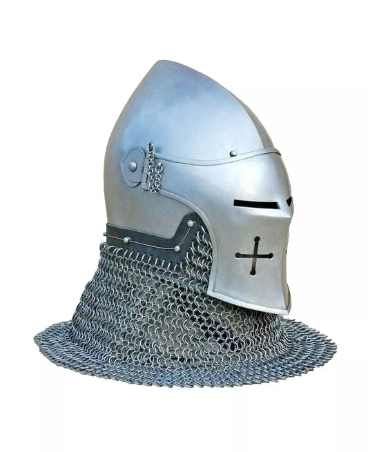 Front view of medieval Barbuta helmet with chainmail and full face protection