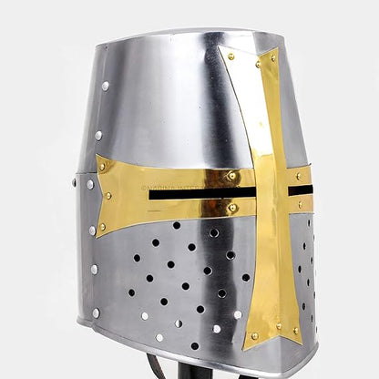 Front view of Medieval Barbuta Helmet with brass cross accents and mild steel body