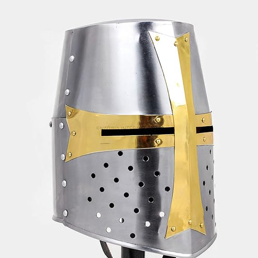 Front view of Medieval Barbuta Helmet with brass cross accents and mild steel body