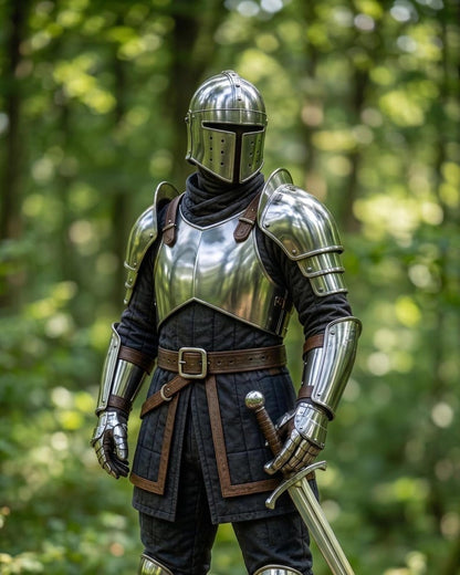 Medieval Barbuta Knight Crusader Steel Replica Suit handcrafted wearable armor front view for medieval reenactment and cosplay