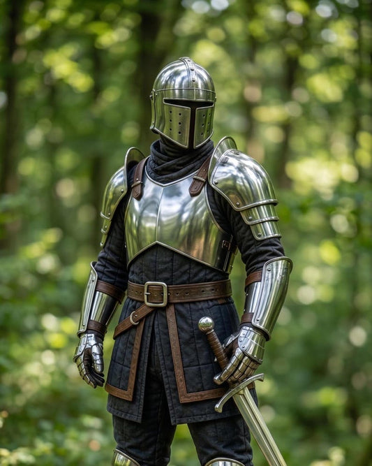 Medieval Barbuta Knight Crusader Steel Replica Suit handcrafted wearable armor front view for medieval reenactment and cosplay
