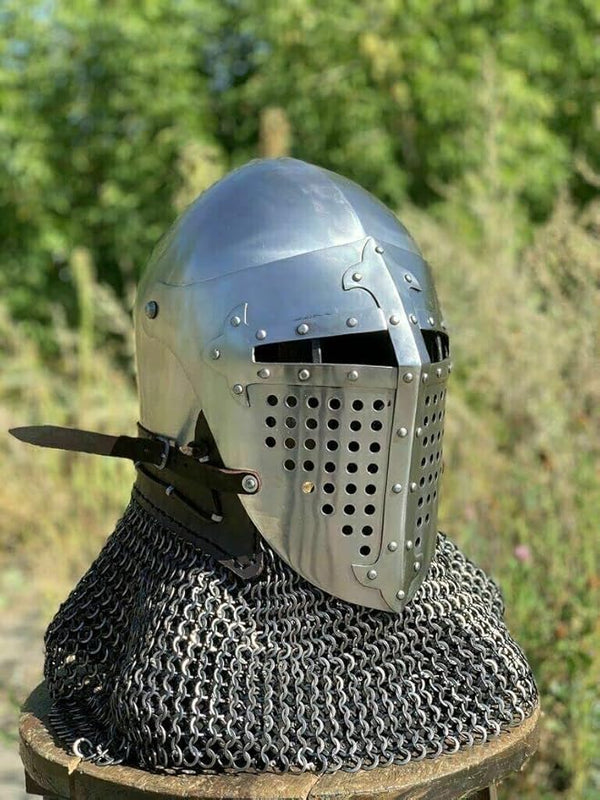 Front view of medieval 18GA steel Bascinet helmet with attached chainmail and silver finish