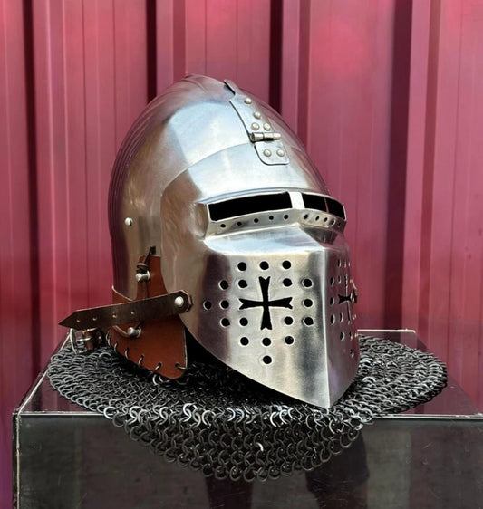 Front view of a medieval bascinet helmet with riveted chainmail aventail