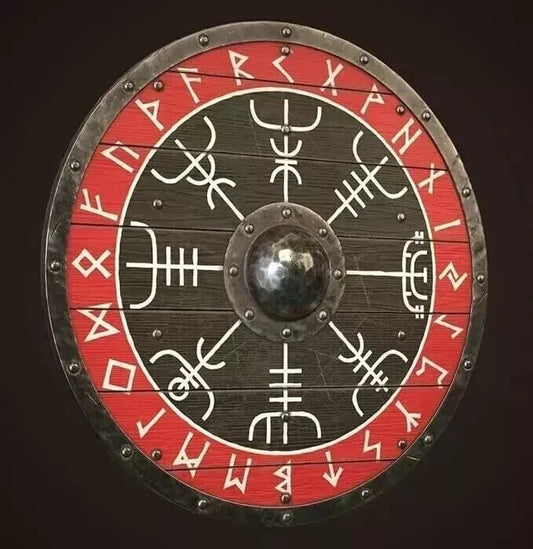 Close-up of battle-ready medieval Viking shield showing wooden texture and metal fittings