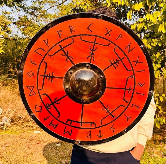 Back of Viking battle shield showing leather straps for wearability