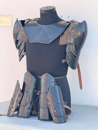 Medieval Black Undead leg greaves armor set coated with rust-free paint