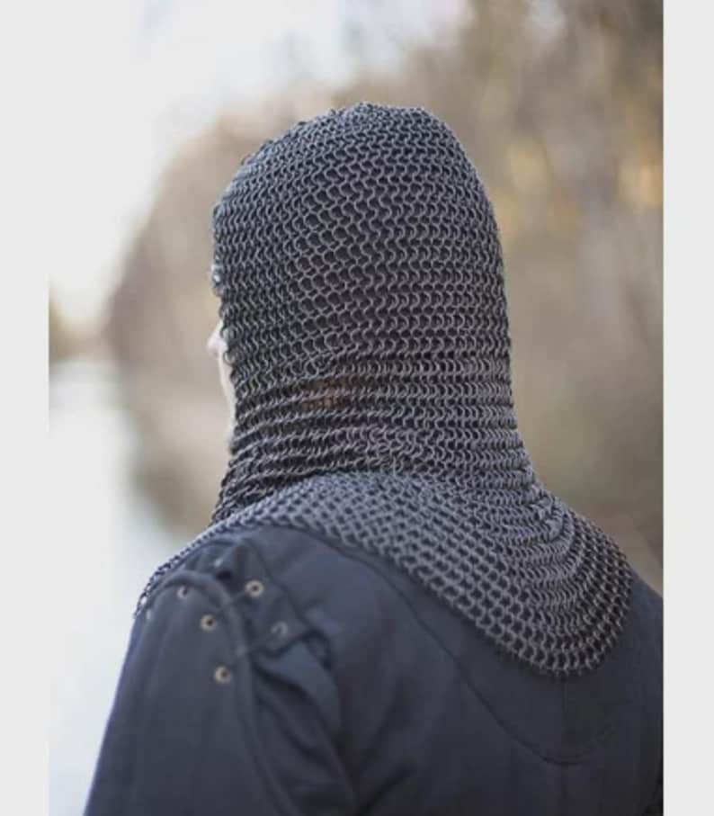 Burnished chainmail hood worn under medieval helmet – perfect for LARP costume or reenactment