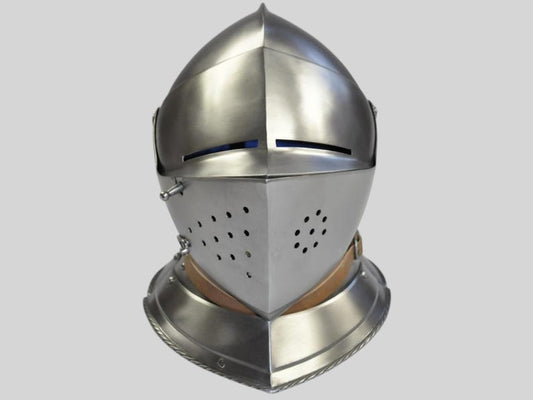 Medieval Close Armet Knight Helmet front view with visor down