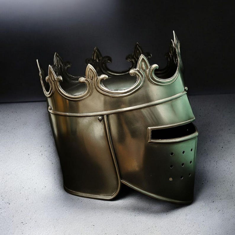 Medieval Queen or King crown helmet worn as part of full cosplay armor outfit