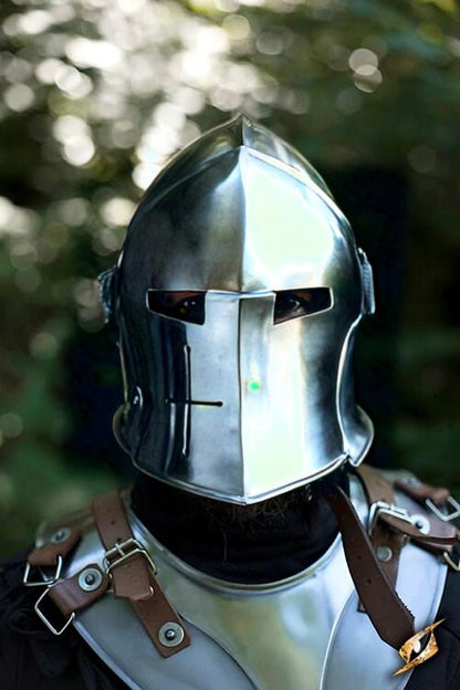 Side profile of medieval cosplay helmet with open-face visor design
