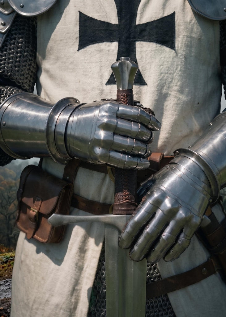 Medieval Crusader Knight Armor full body suit with chainmail layer and steel plate armor for historical reenactment and fantasy cosplay.